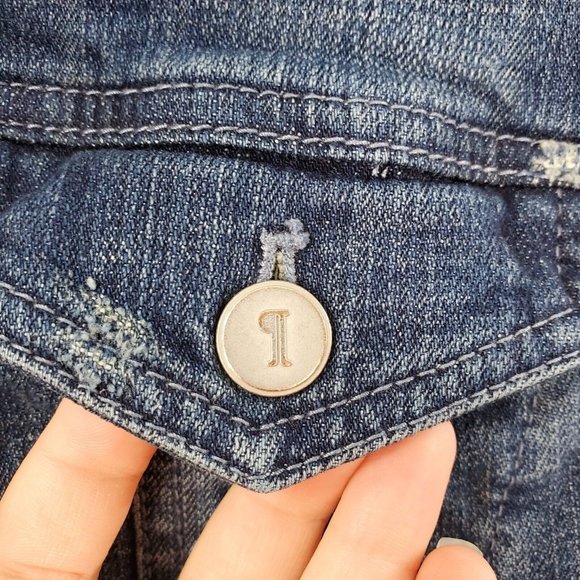 Pilcro Anthropologie Denim Jacket Womens Medium Blue Distressed Letterpress - Picture 3 of 11
